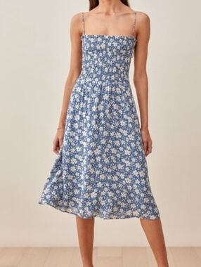 Reformation Womens Blue White Floral Sable Midi Smocked Dress Size Large Trendy
